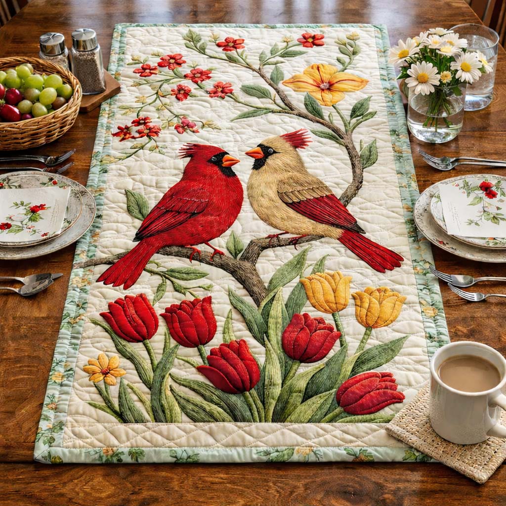 Spring Cardinal Quilted Table Runner Valentines Table Decor Red Cardinal Gifts For Mom