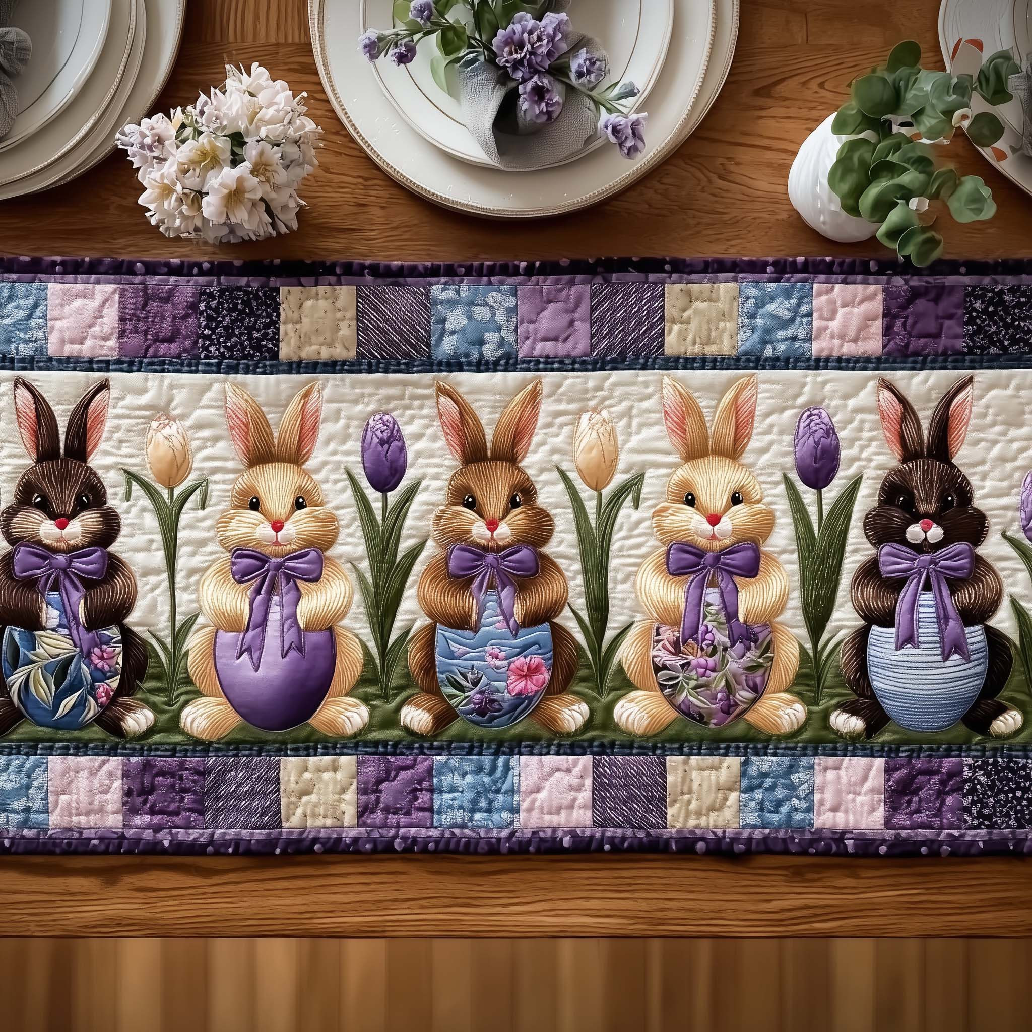 Spring Hopper Quilted Table Runner Holiday Dining Table Decor Bunny Gifts For Adults
