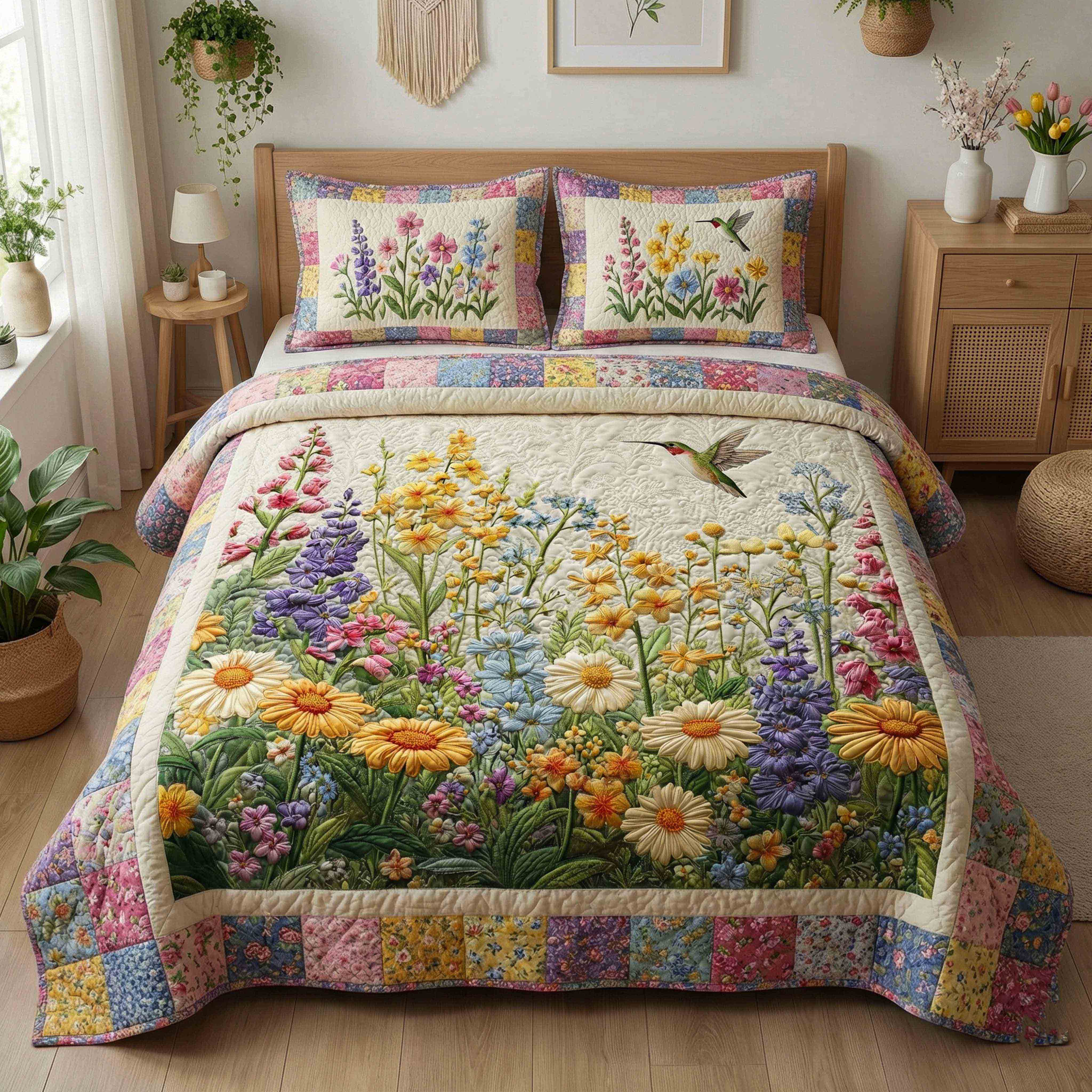 Spring Meadow Bloom Quilted Bedding Set Cute Bedsheets Birthday Gifts For Hummingbird Lovers