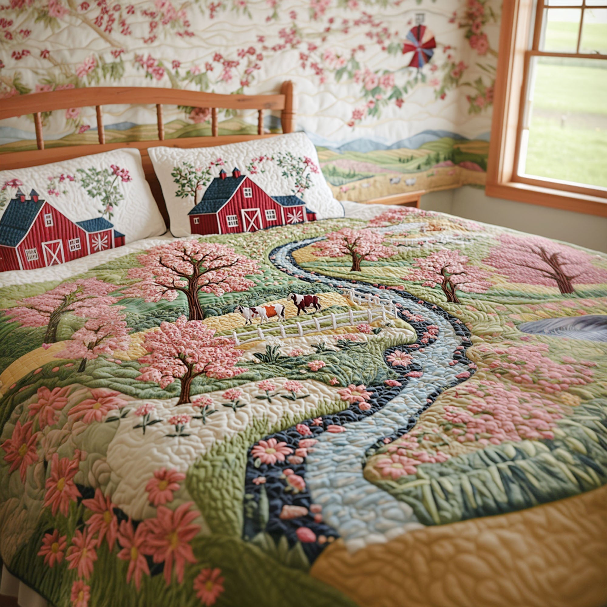 Spring Meadow Quilted Bedding Set Unique Bed Sheet Set Top Gifts For Farmers