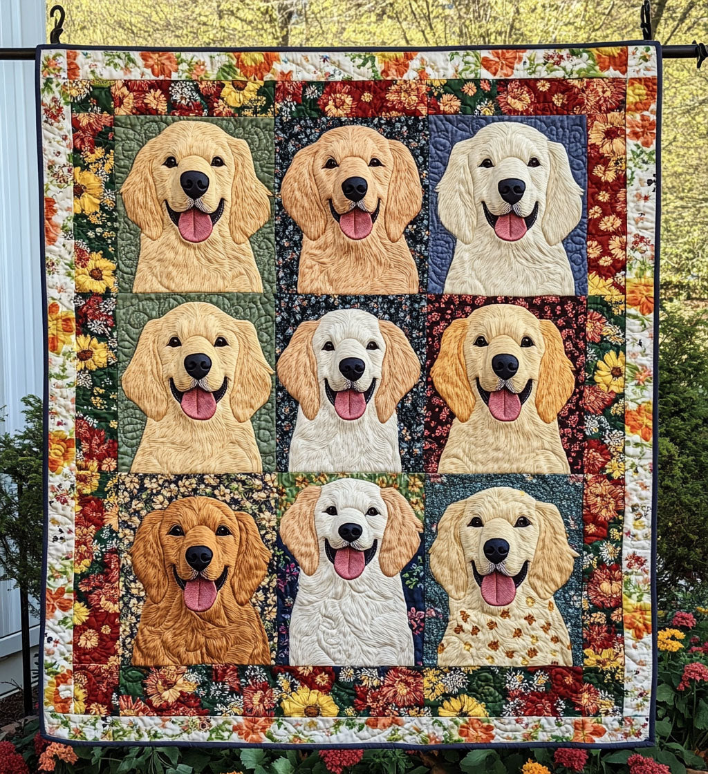 Spring Meadows Retriever Quilted Blanket Cover Bed Set Gifts With Golden Retrievers On Them