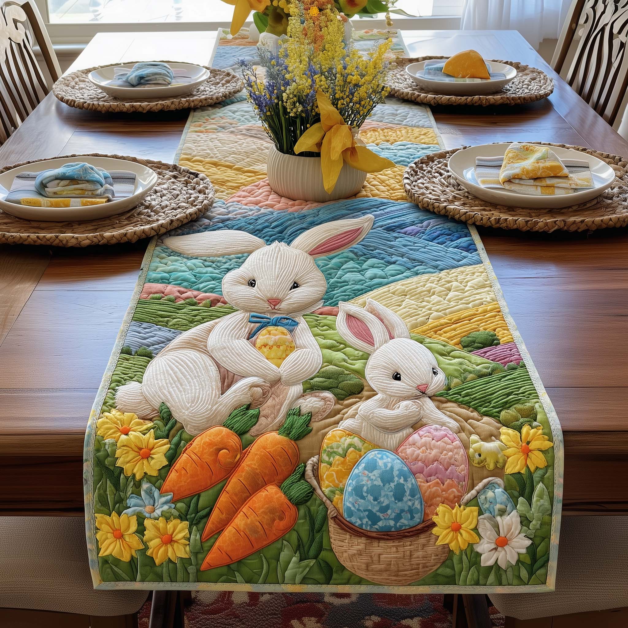 Spring Rabbits Quilted Table Runner Holiday Runner Dining Faith Based Easter Gifts