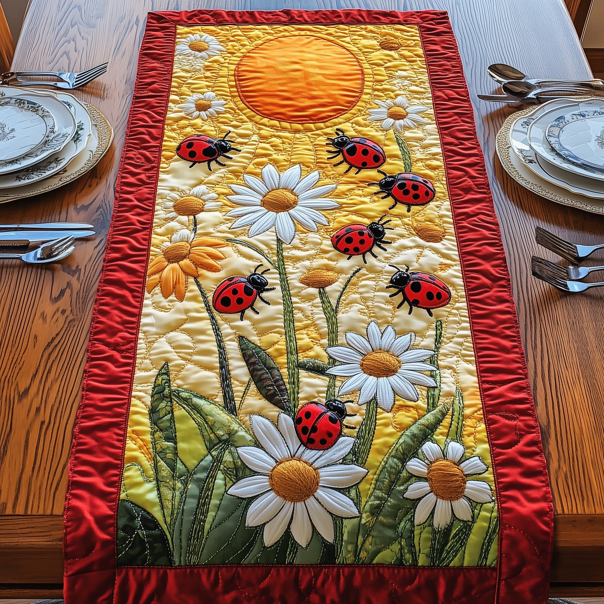 Springtime Ladybug Quilted Table Runner Boho Macrame Table Runner Mothers Day Suggestions