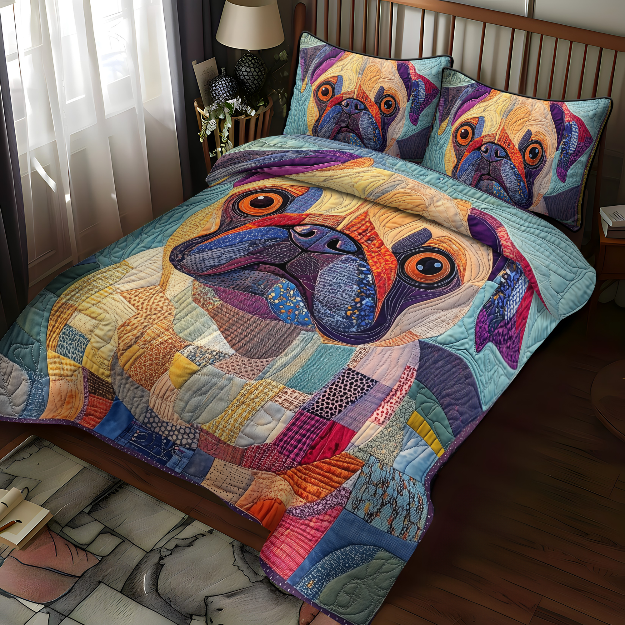 Squishy Pug Love Quilted Bedding Set Unique Bed Sheet Set Perfect Gift For Dog Lovers