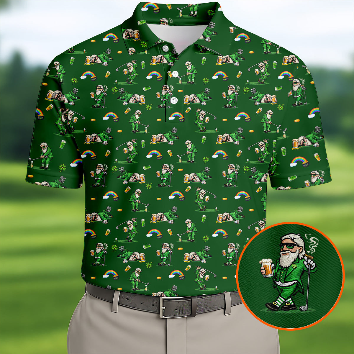 St Patrick's Day Golf Polo Shirt Leprechaun Character Golf And Beer Shirt Gift Ideas - Image 2
