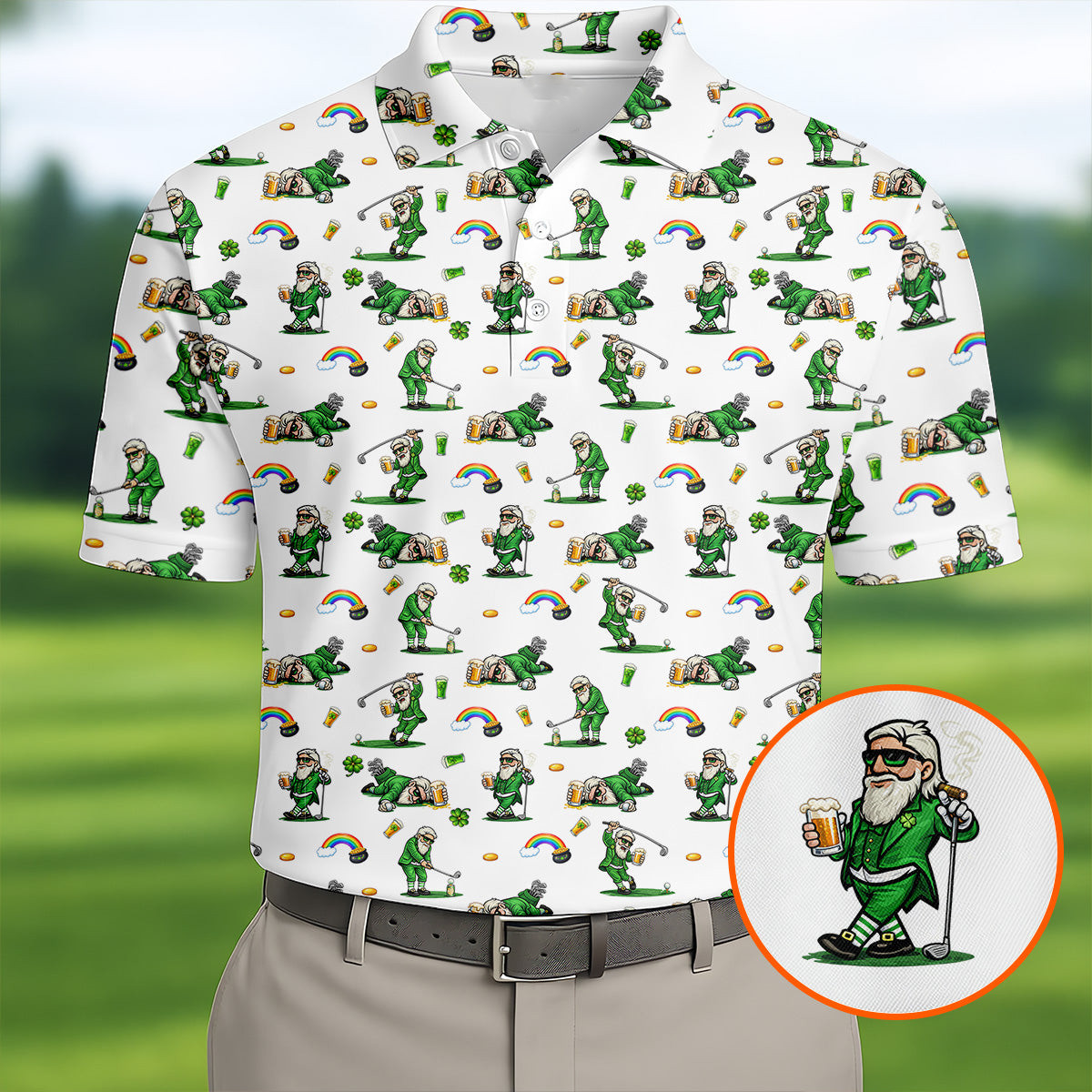St Patrick's Day Golf Polo Shirt Leprechaun Character Golf And Beer Shirt Gift Ideas