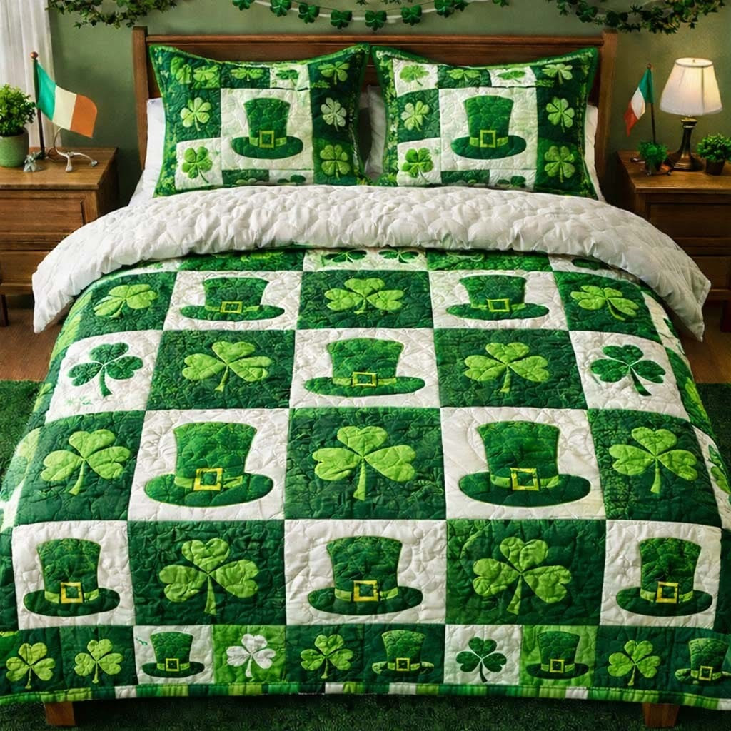 St Patrick's Day Quilt Bedding Set Shamrock Leprechaun Hat Duvet Cover Set Irish Bed Decor