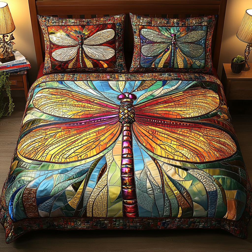 Stained Glass Dragonfly Quilted Bedding Set Cute Sheet Sets Birthday Presents For Dragonfly Lovers