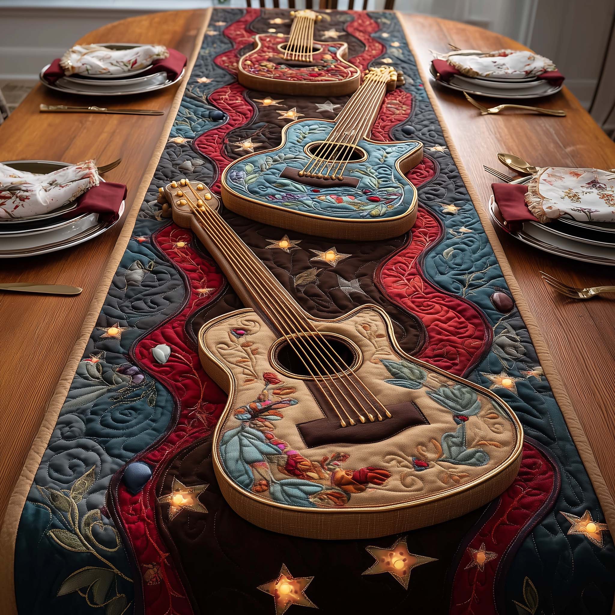 Star Guitars Quilted Table Runner Dining Table Decor Gift Ideas For Guitar Players