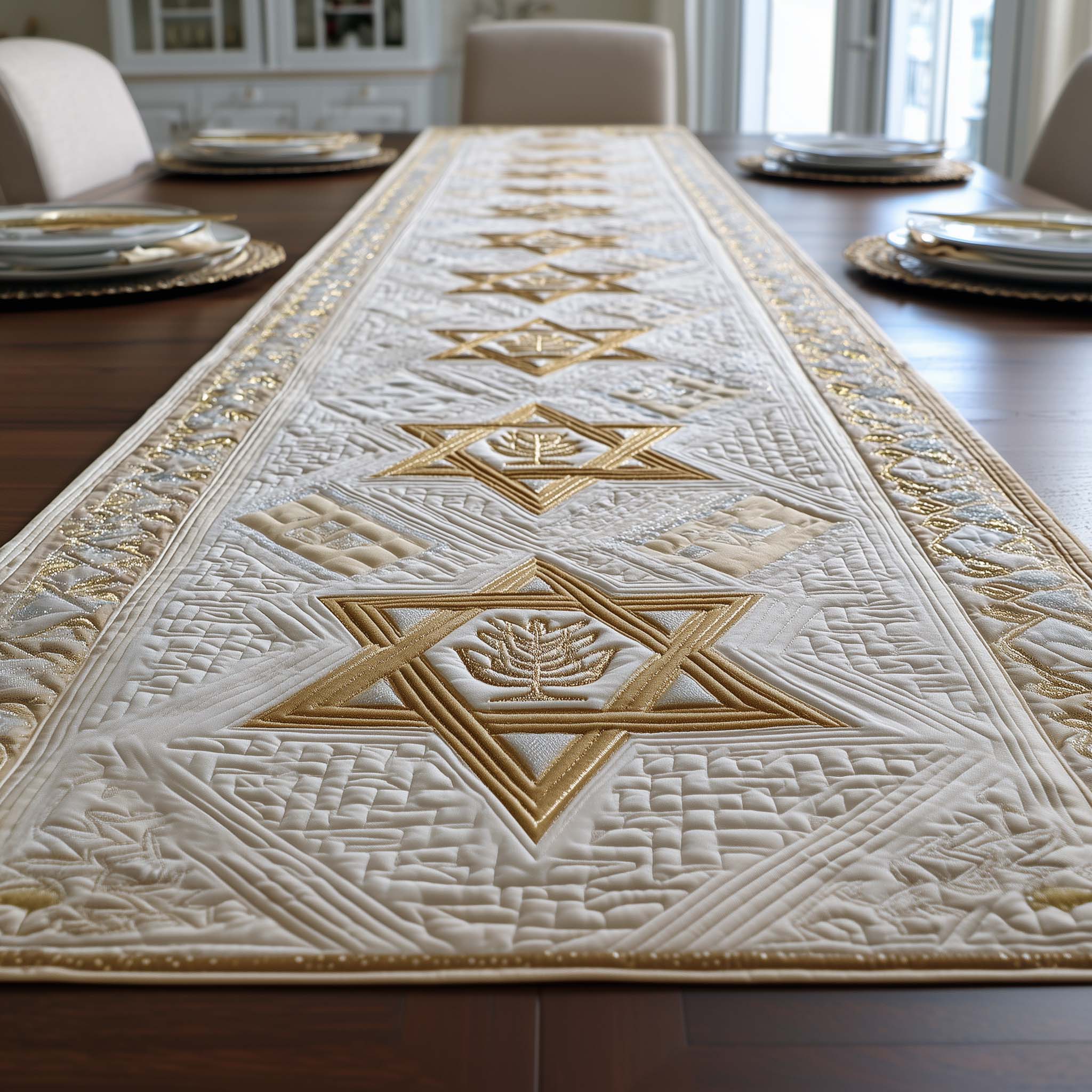 Star of David Quilted Table Runner Elegant Holiday Table Runners Hanukkah Present Ideas - Image 2