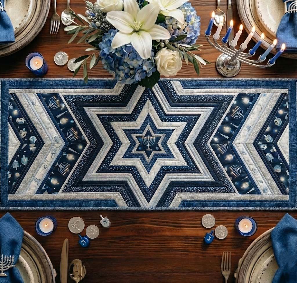 Star of David Quilted Table Runner Elegant Holiday Table Runners Happy Hanukkah Gifts