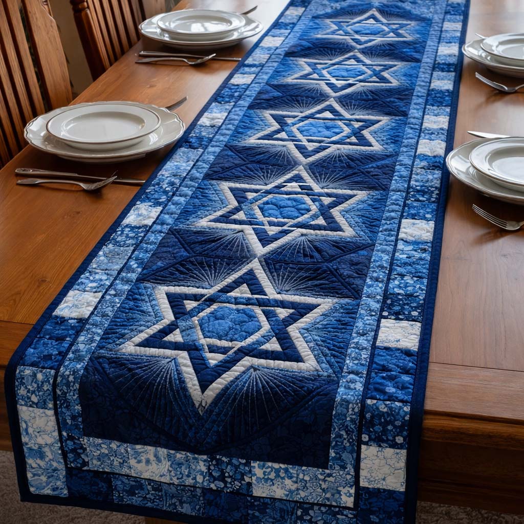 Star of David Quilted Table Runner Kitchen Table Decor Ideas Hanukkah Gift For Coworker