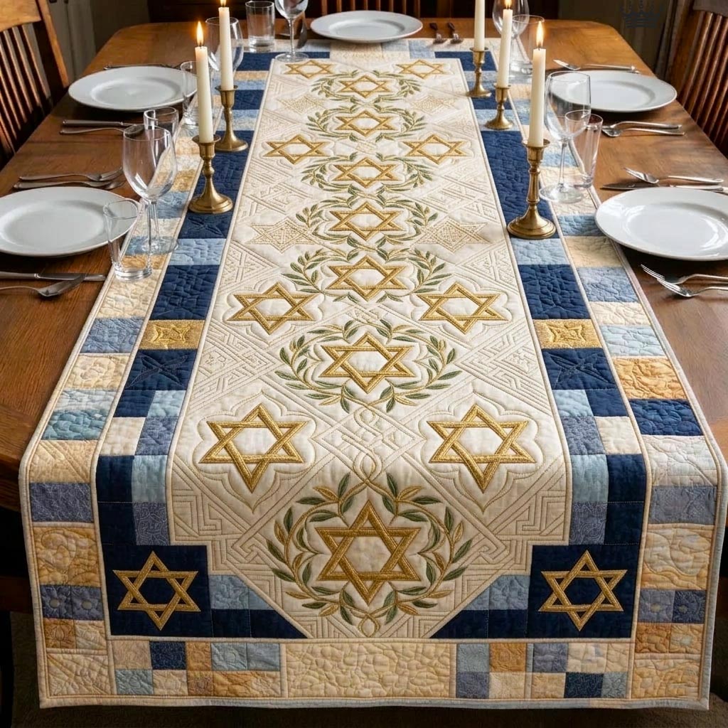 Star Patchwork Quilted Table Runner Religious Room Decor Pesach Gift Ideas
