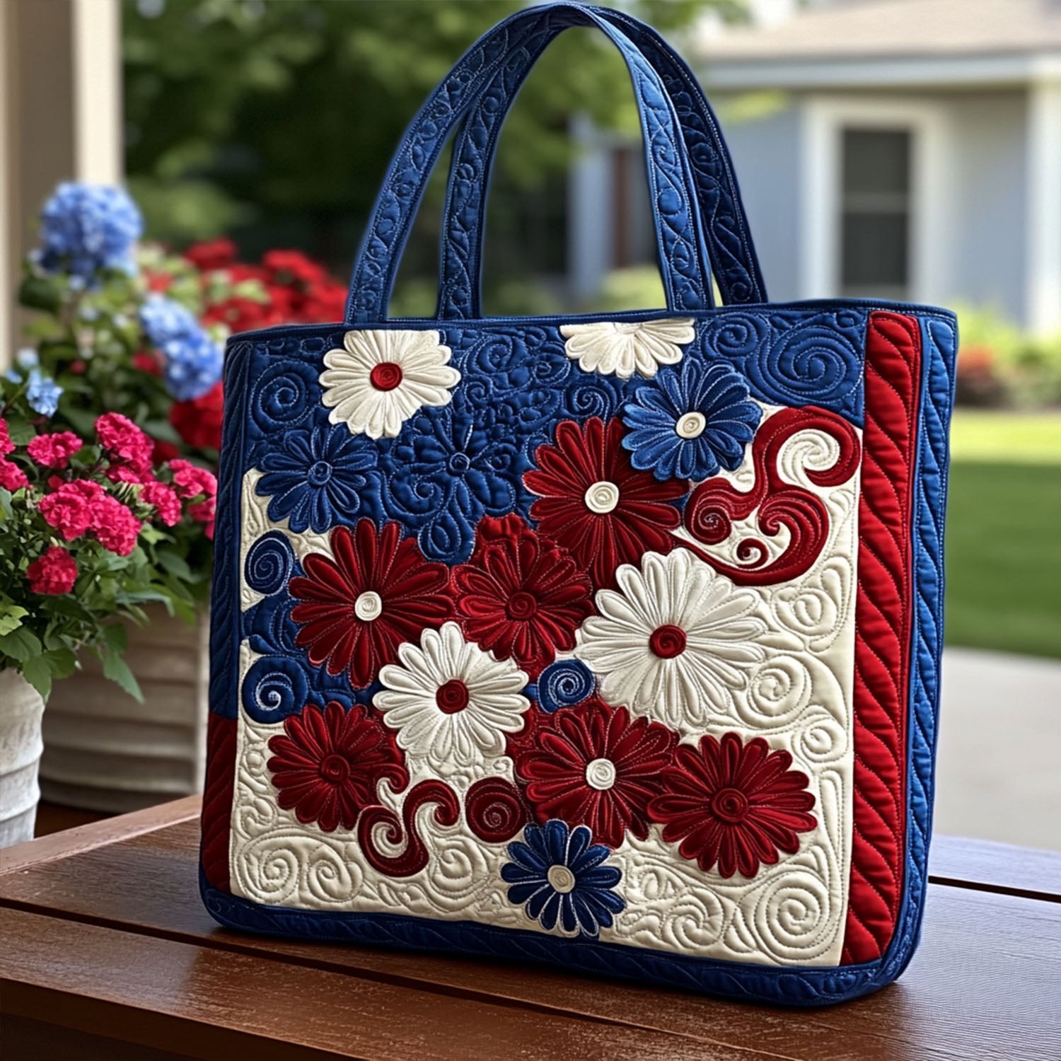 Star-Spangled Daisies Quilted Tote Bag Handbags Independence Day Gift