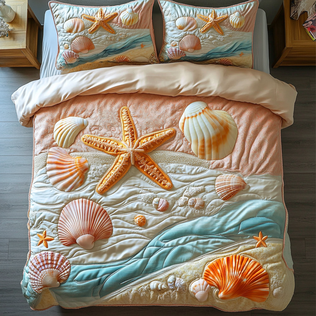 Starfish Serenity Quilted Bedding Set Cute Sheet Sets Birthday Gift For Beach Lover