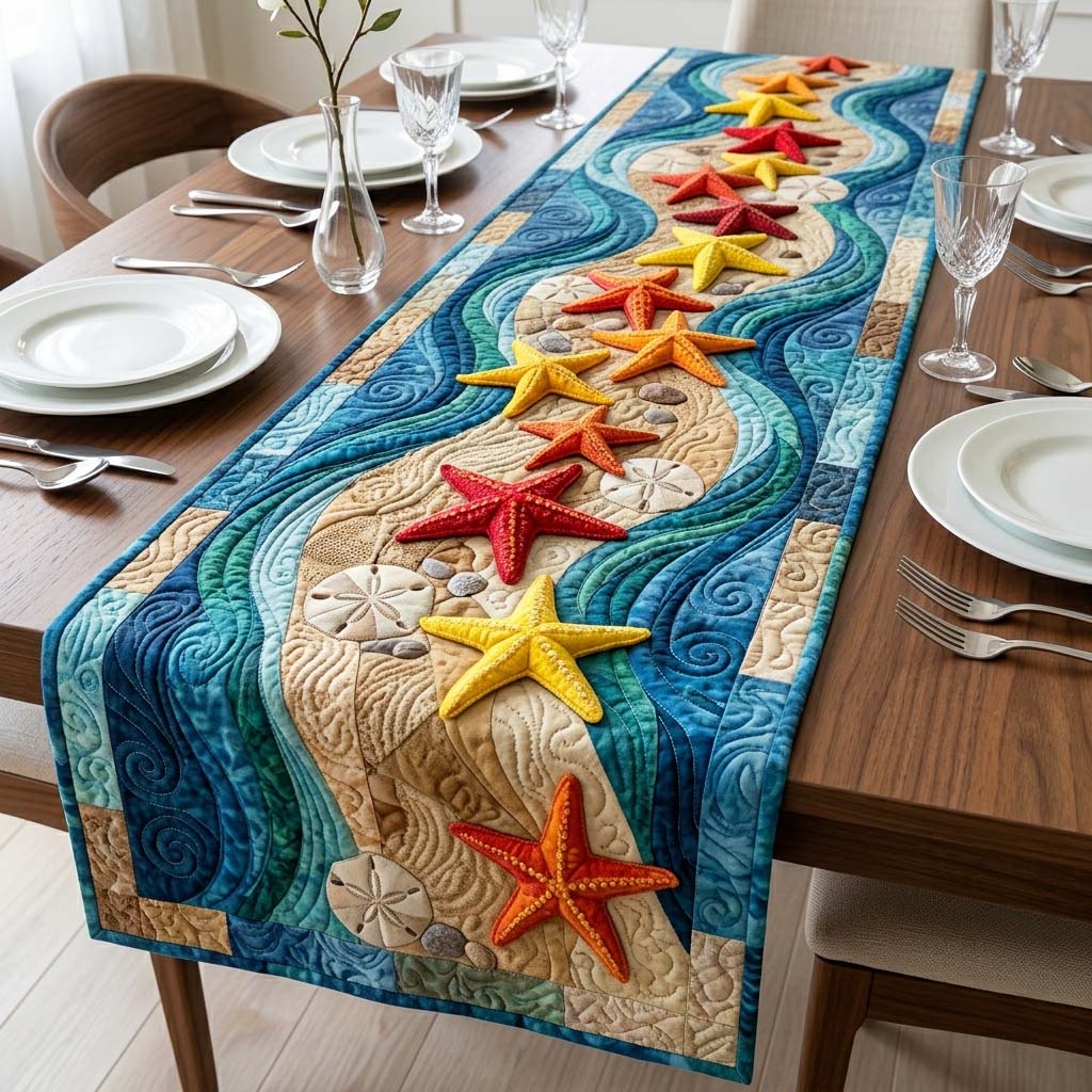 Starfish Wave Quilted Table Runner Beach Table Runner Great Gifts For Beach Lovers