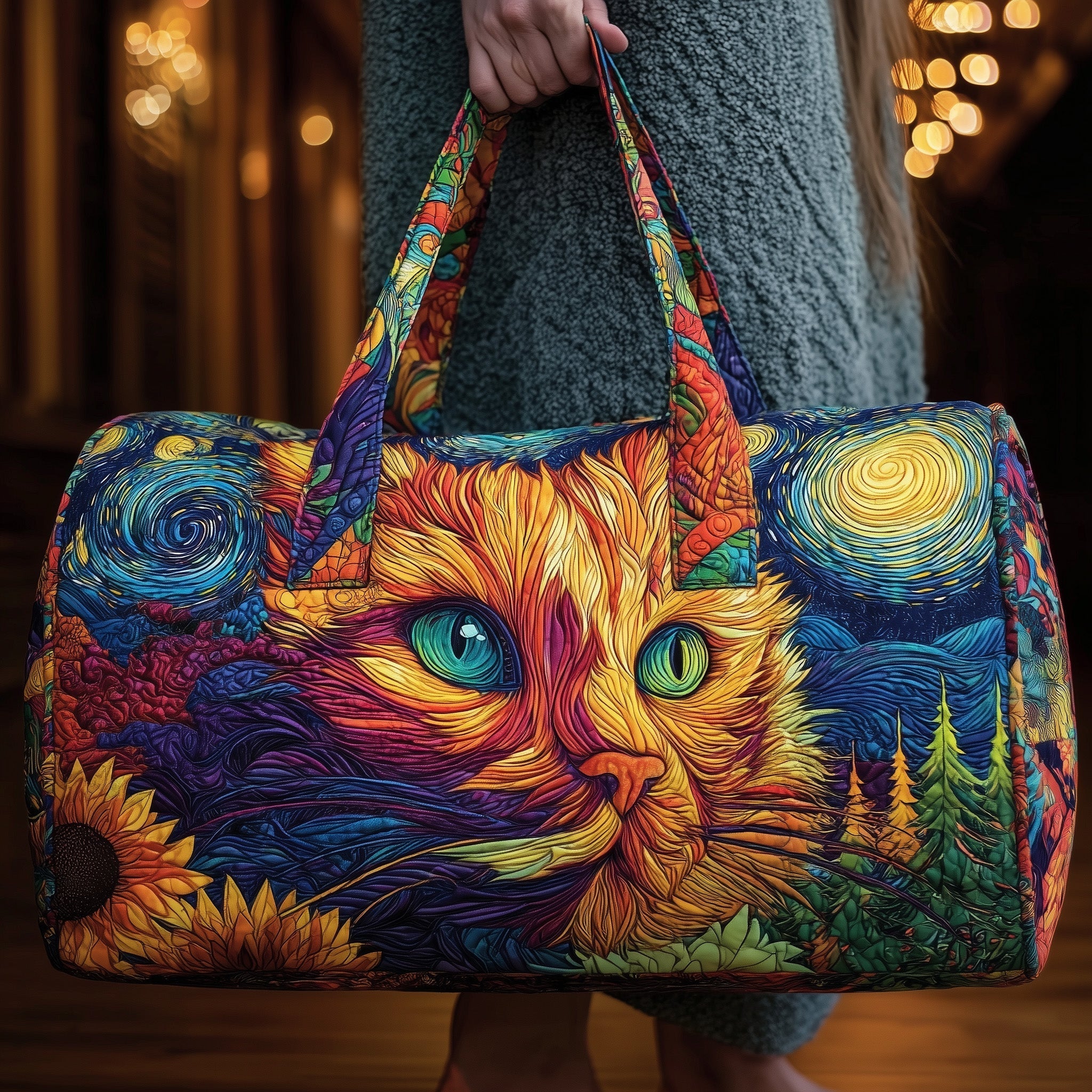 Starry Cat Dreams Quilted Duffle Bag Large Duffel Bag Travel Best Gifts For Cat Lovers