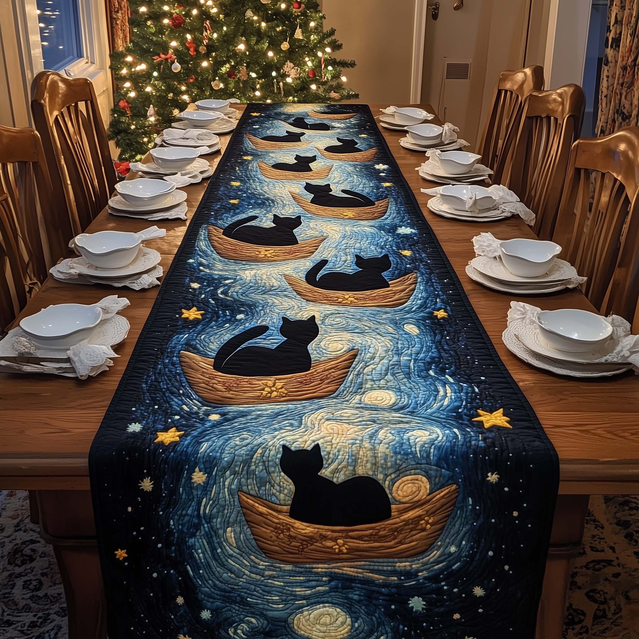 Starry Cats Quilted Table Runner Christmas Dining Room Decor Cat Person Gifts