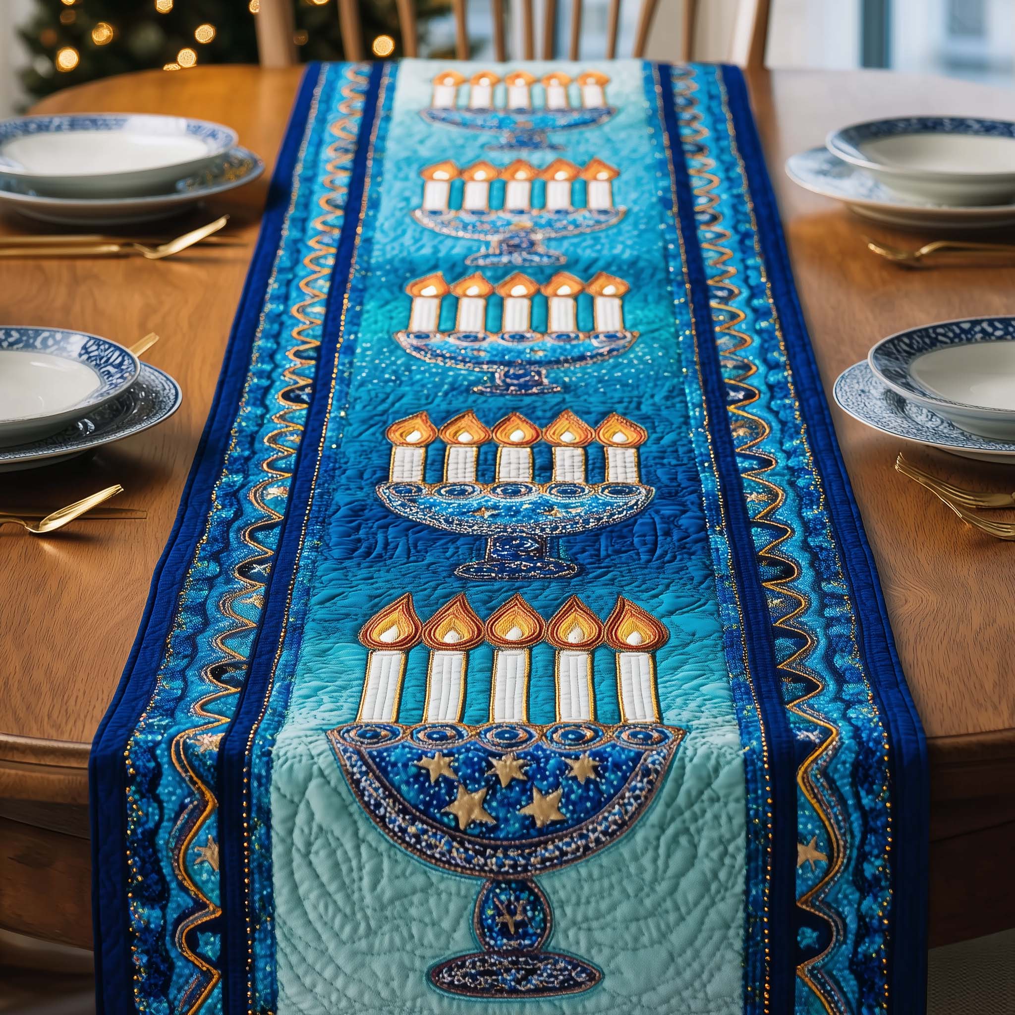 Starry Menorah Quilted Table Runner Dining Decor Creative Hanukkah Gifts