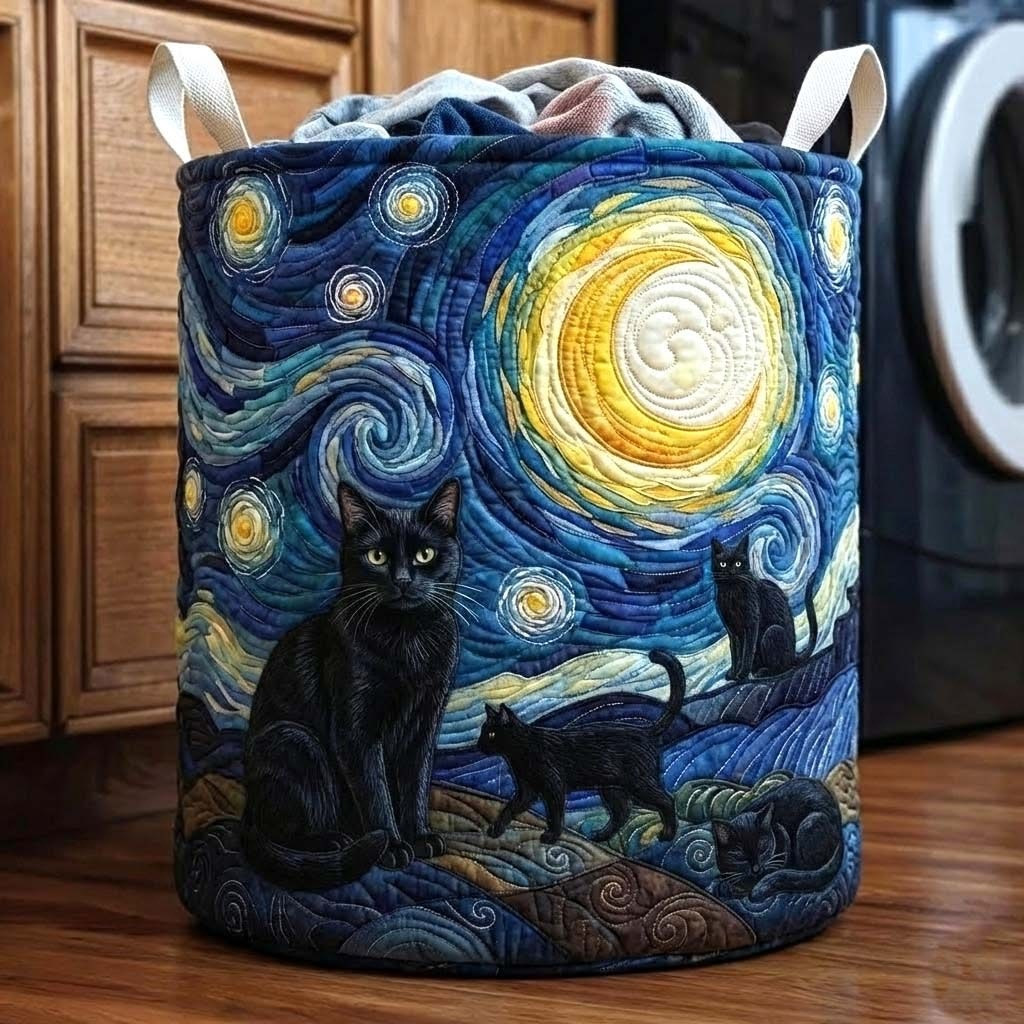 Starry Night Black Cat Quilted Laundry Basket Van Gogh Sotage Bin Gift For Cat Owners