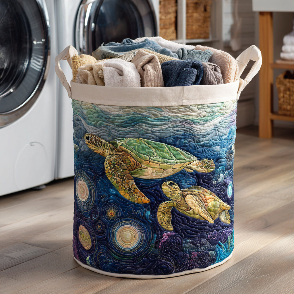 Starry Turtle Duo Quilted Laundry Basket Foldable Clothes Hamper Sea Turtle Gift Ideas