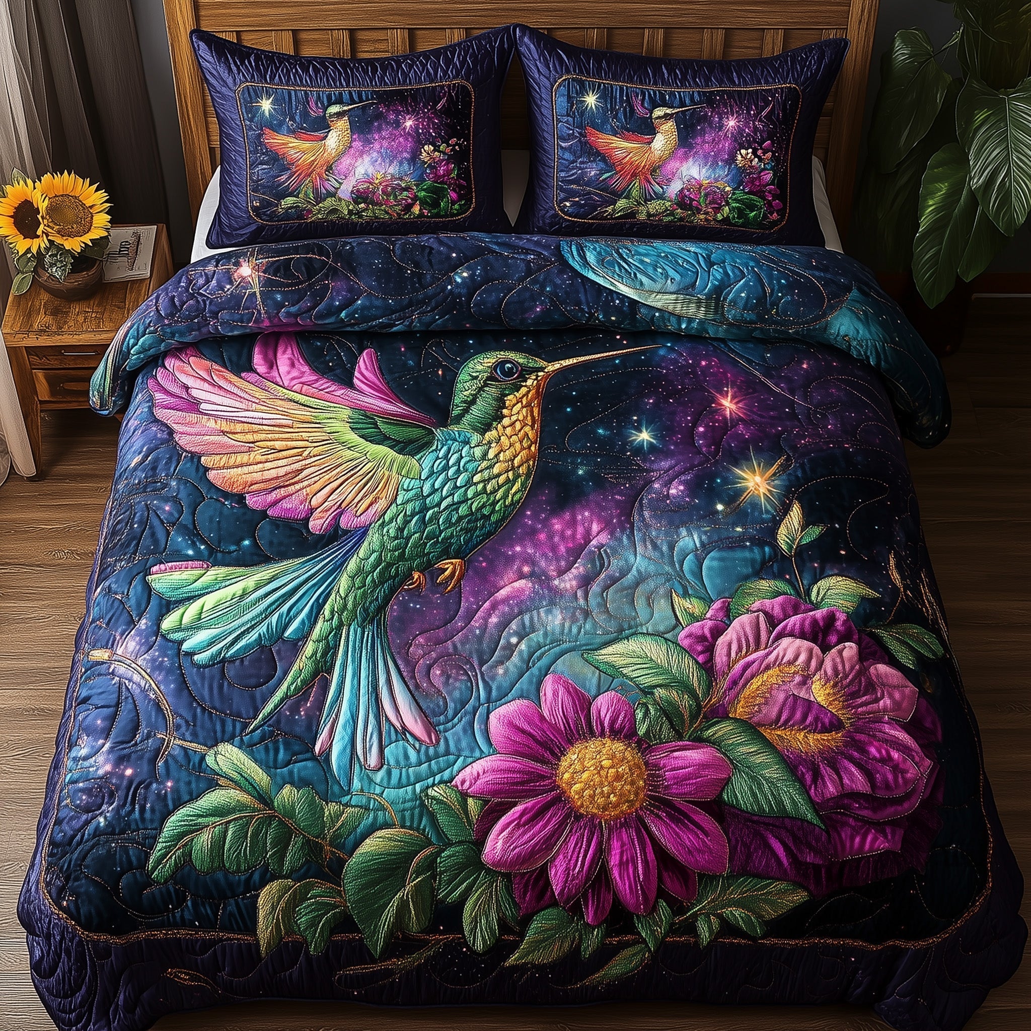 Stellar Hummingbird Quilted Bedding Set Best Queen Sheets Hummingbird Themed Gifts