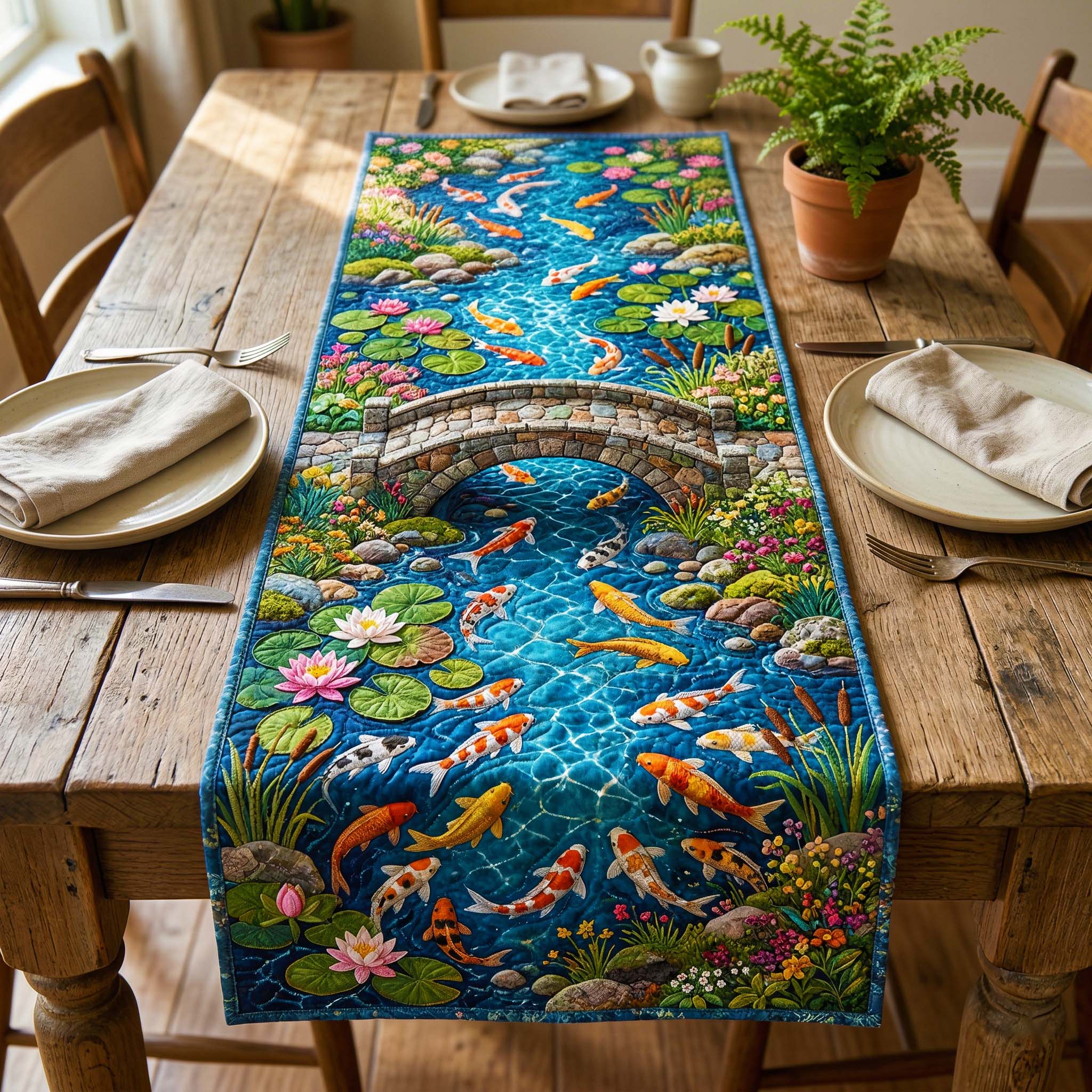 Stone Bridge Quilted Table Runner Dining Room Table Runners Koi Fish Presents