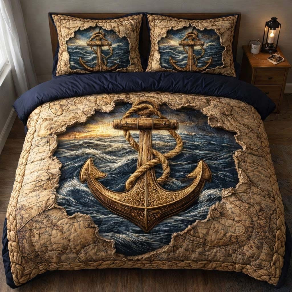 Storm Anchor 3-Piece Quilted Bedding Set Nautical Coastal Anchor Merch Best Gift For Men