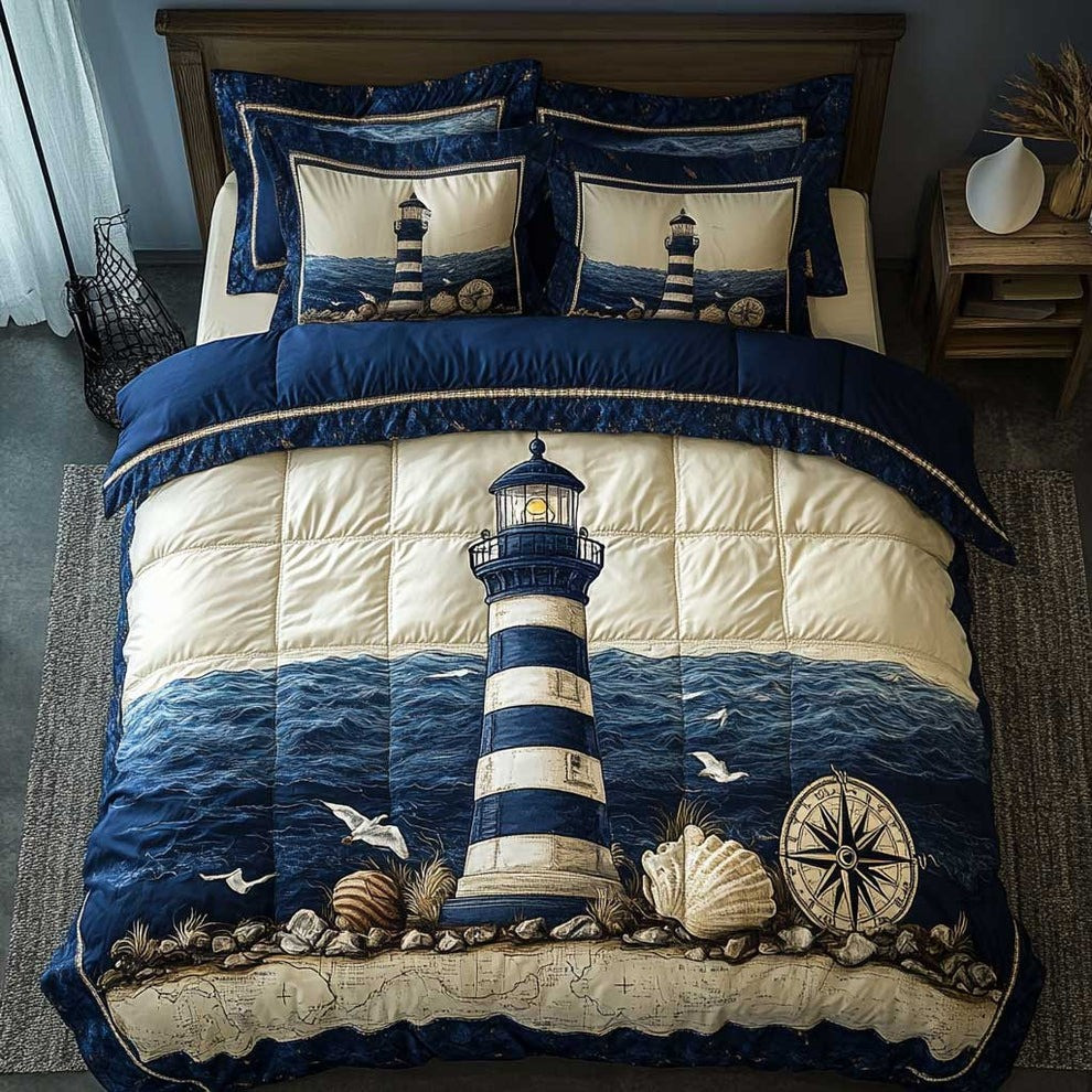 Stormy Waves Lighthouse Quilted Bedding Set Nautical Themed Bedroom Decor Gifts