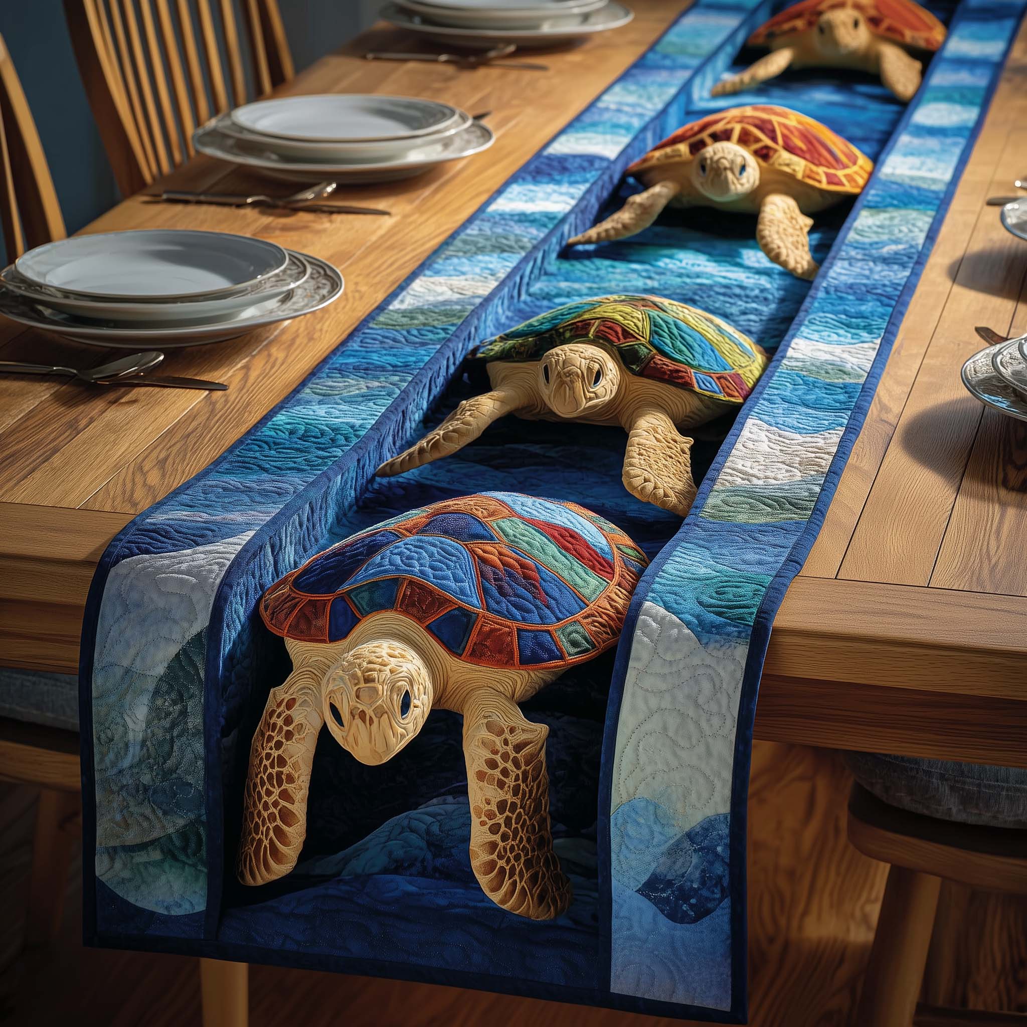 Stream Turtles Quilted Table Runner Dining Room Table Centerpieces Sea Turtle Themed Gifts
