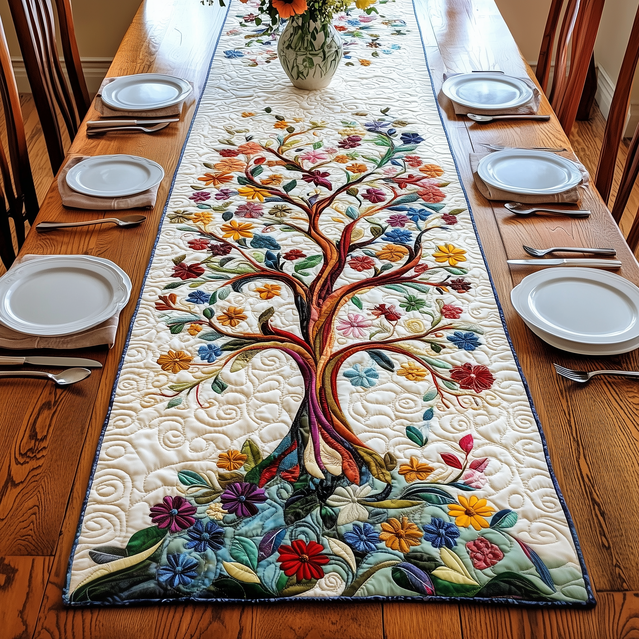 Stunning Tree Of Life Quilted Table Runner Long Dining Table Runner Tree Of Life Gifts Mother'S Day
