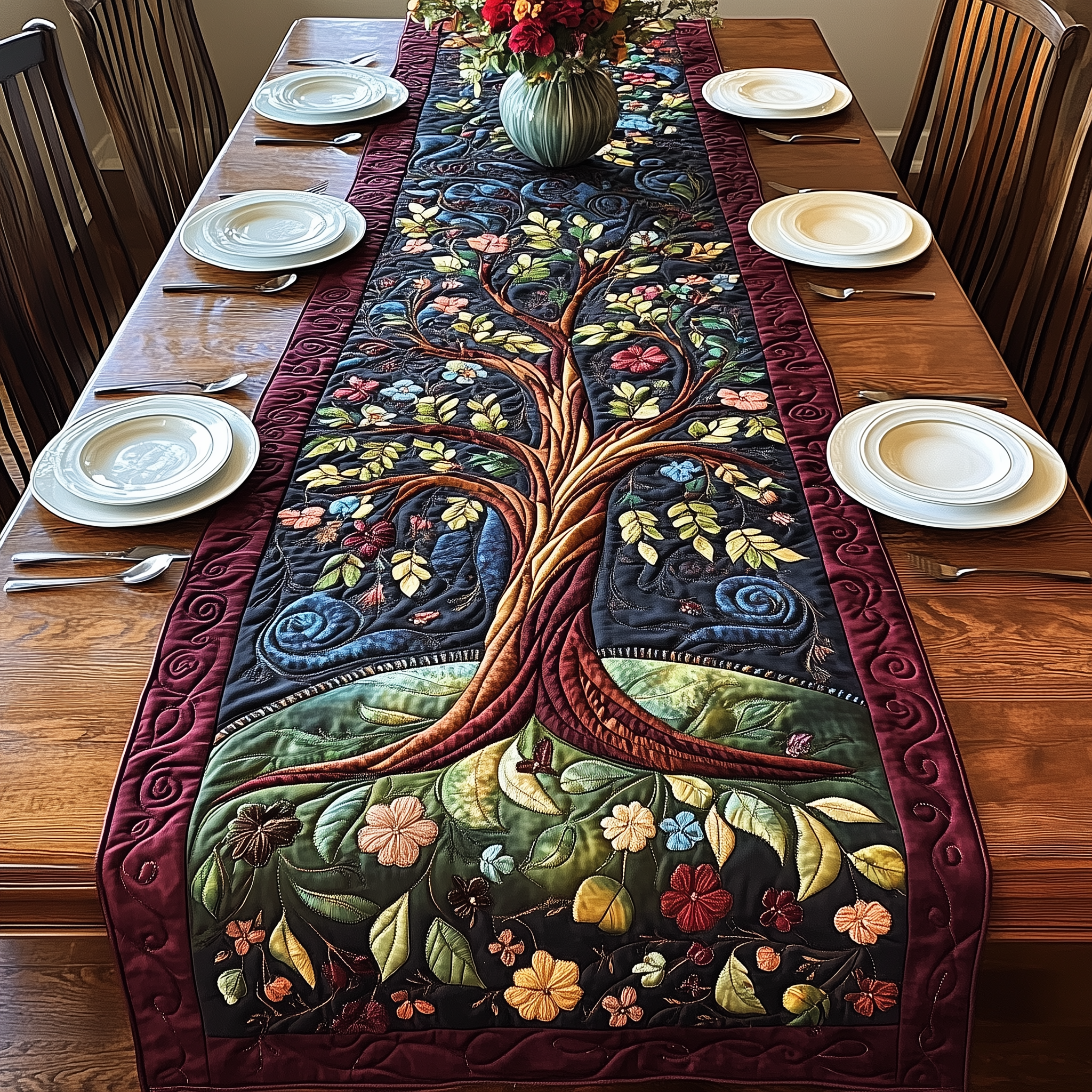 Stunning Tree Of Life Quilted Table Runner Table Runner Dining Table Tree Of Life Gifts For Grangarents