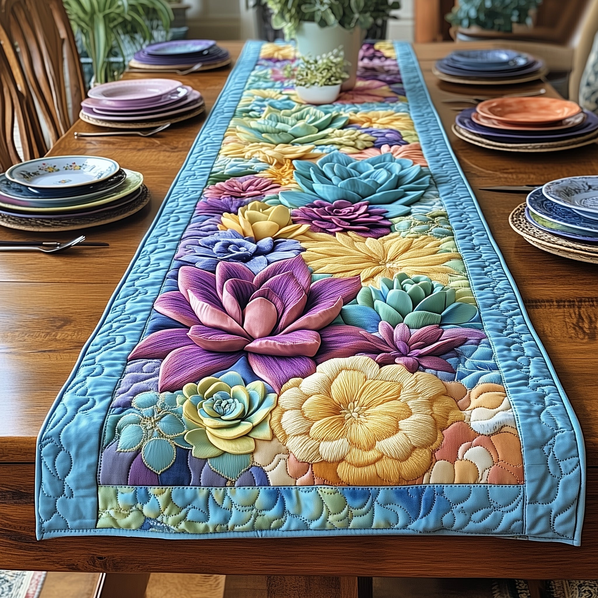 Succulent Garden Quilted Table Runner Dining Room Table Decor Best Mothersday Gifts