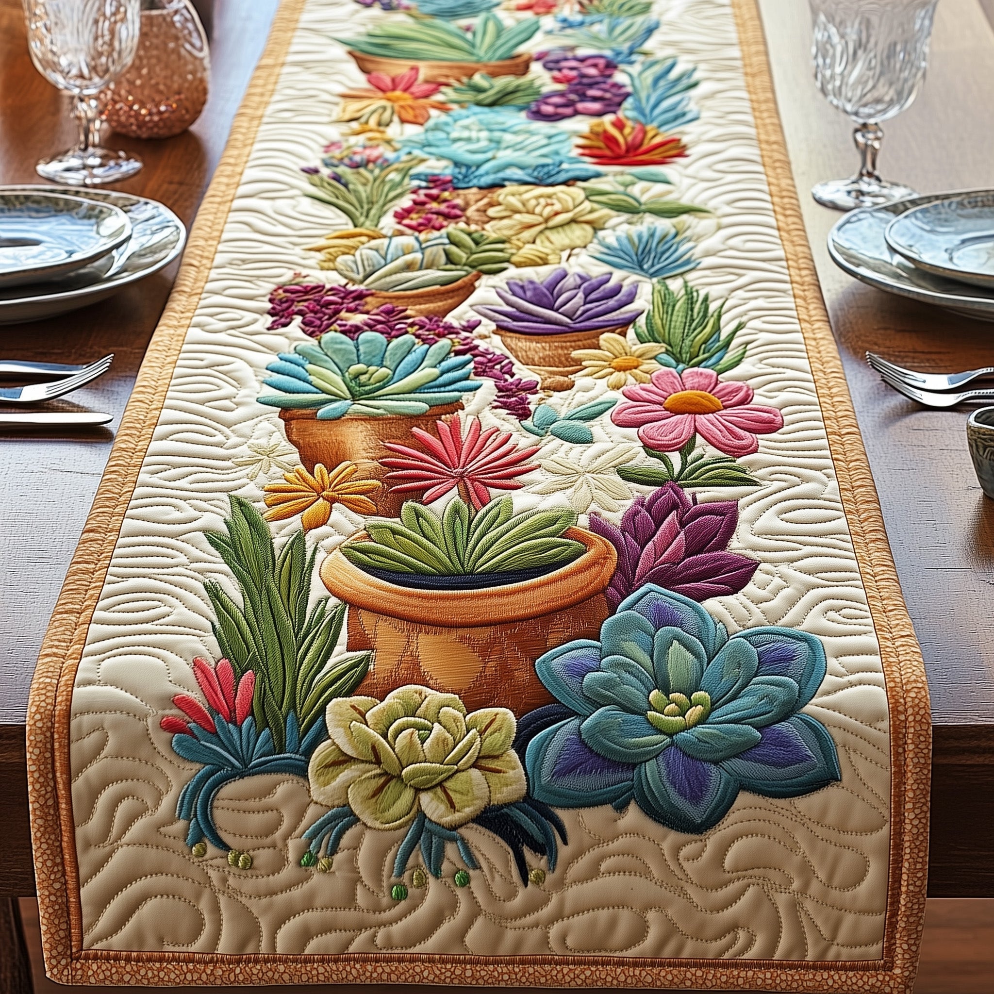 Succulent Garden Quilted Table Runner Dining Table Centerpiece Best Mothers Day Present