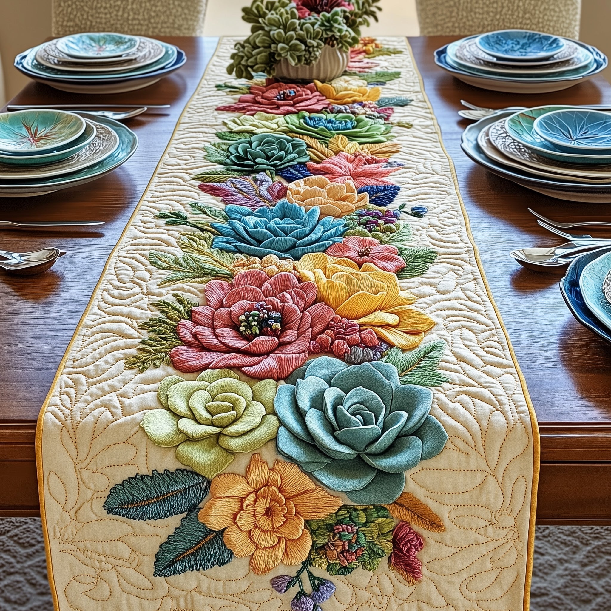 Succulent Garden Quilted Table Runner Runner Table Mat Present Ideas For Mom