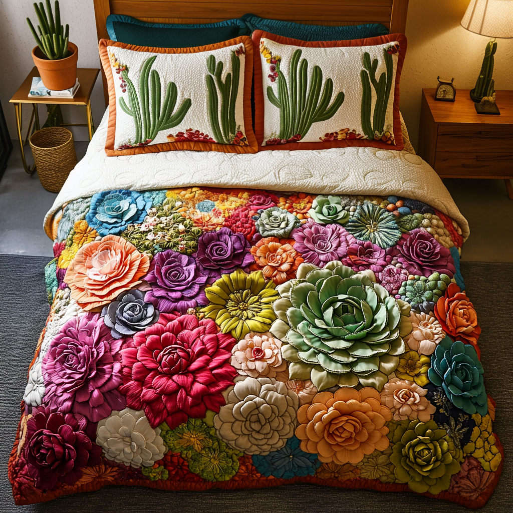 Succulent Symphony Quilted Bedding Set Cozy Bedroom Decor Cute Cactus Gifts