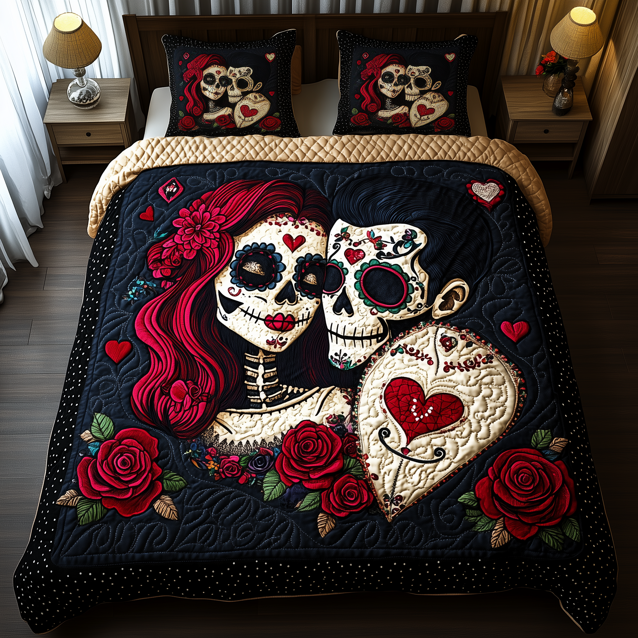 Sugar Skull Couple Quilted Bedding Set Bed Decor Ideas Gifts With Skulls On Them