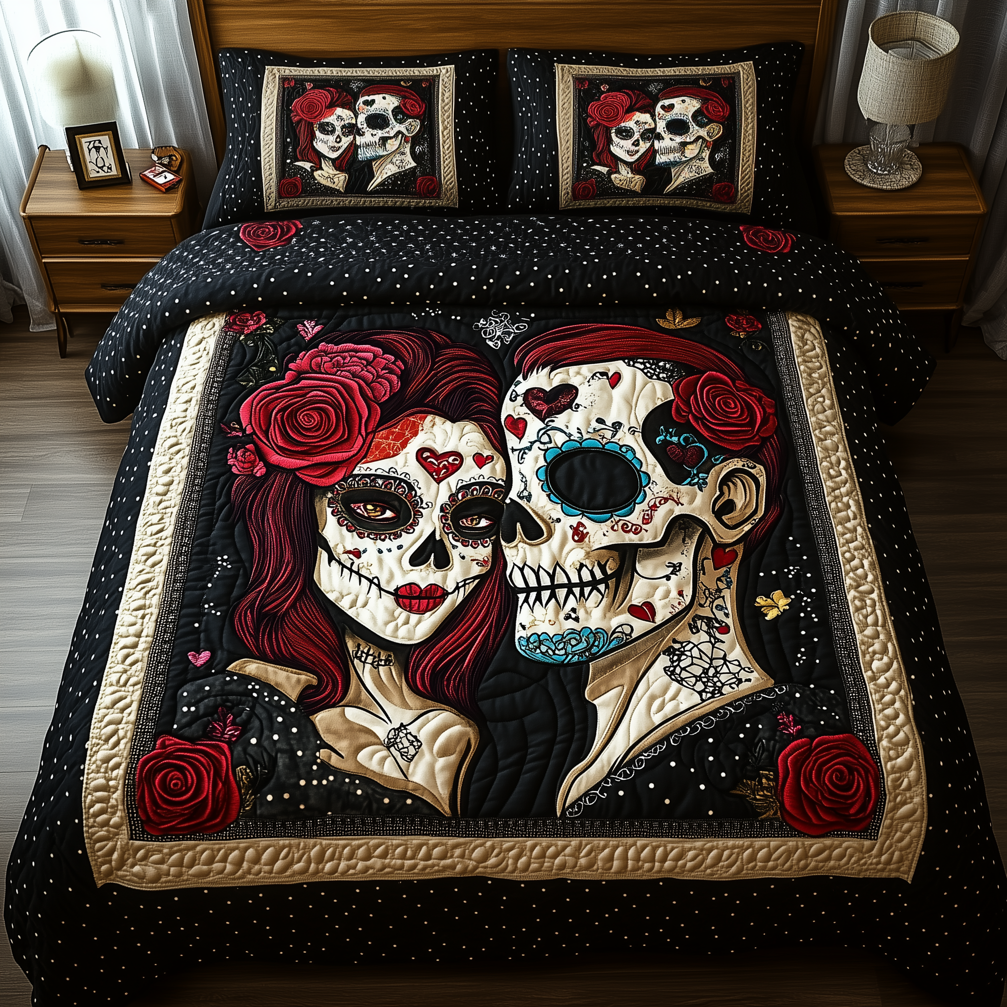 Sugar Skull Couple Quilted Bedding Set Boho Bedroom Decor Skull Related Gifts