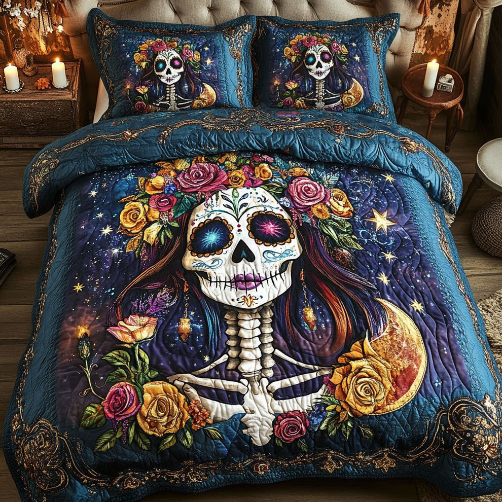 Sugar Skull Day Of The Dead Quilted Bedding Set Bohemian Floral Bedroom Decor Gifts