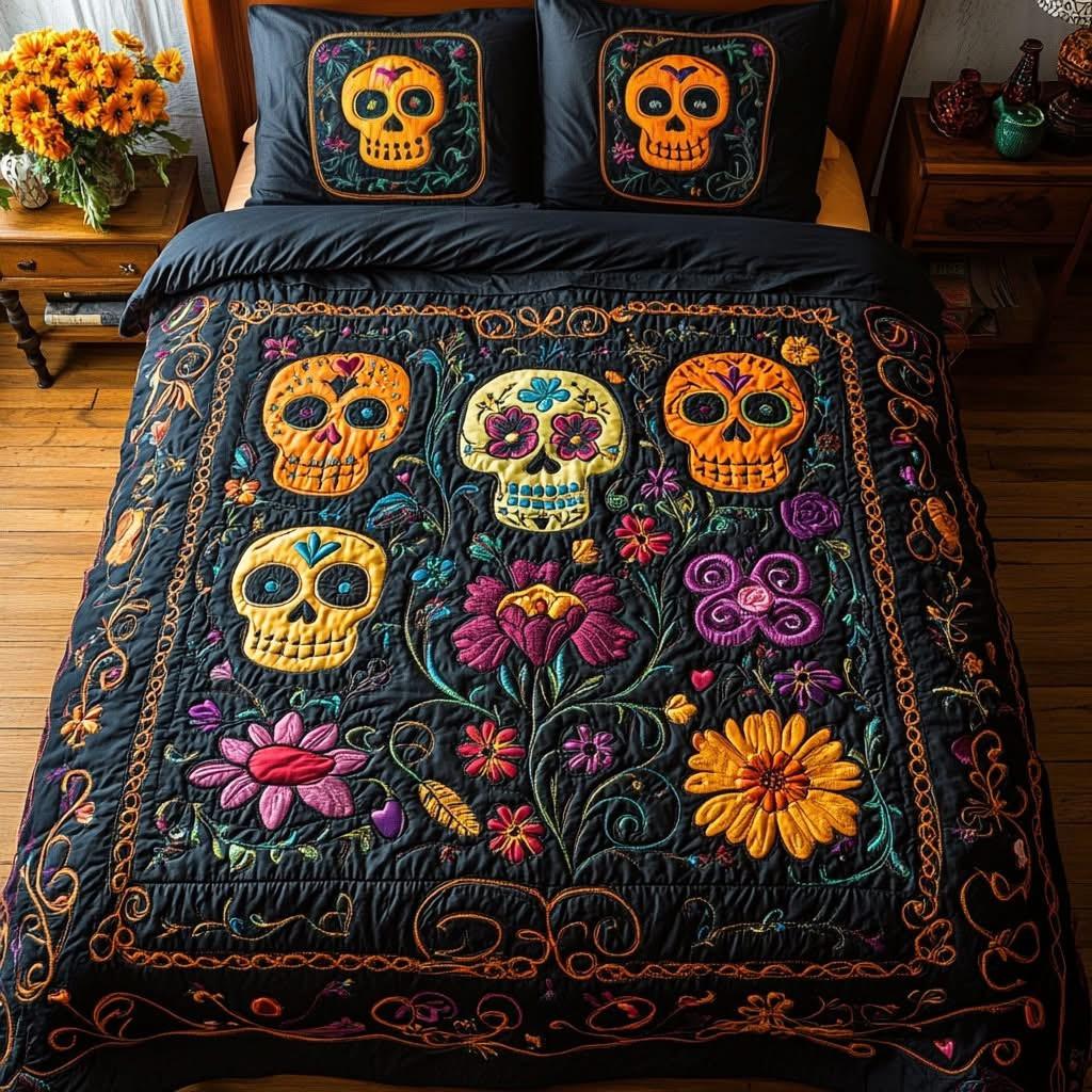 Sugar Skull Floral Garden Quilted Bedding Set Duvet Cover Skull Christmas Gifts For Her