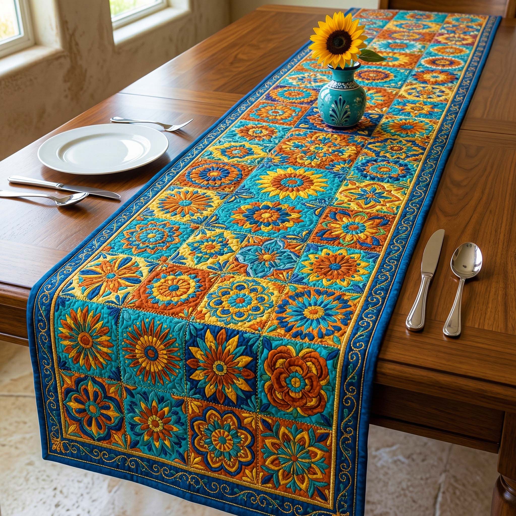 Summer Mandala Quilted Table Runner Dining Room Decor Present Ideas For Mum
