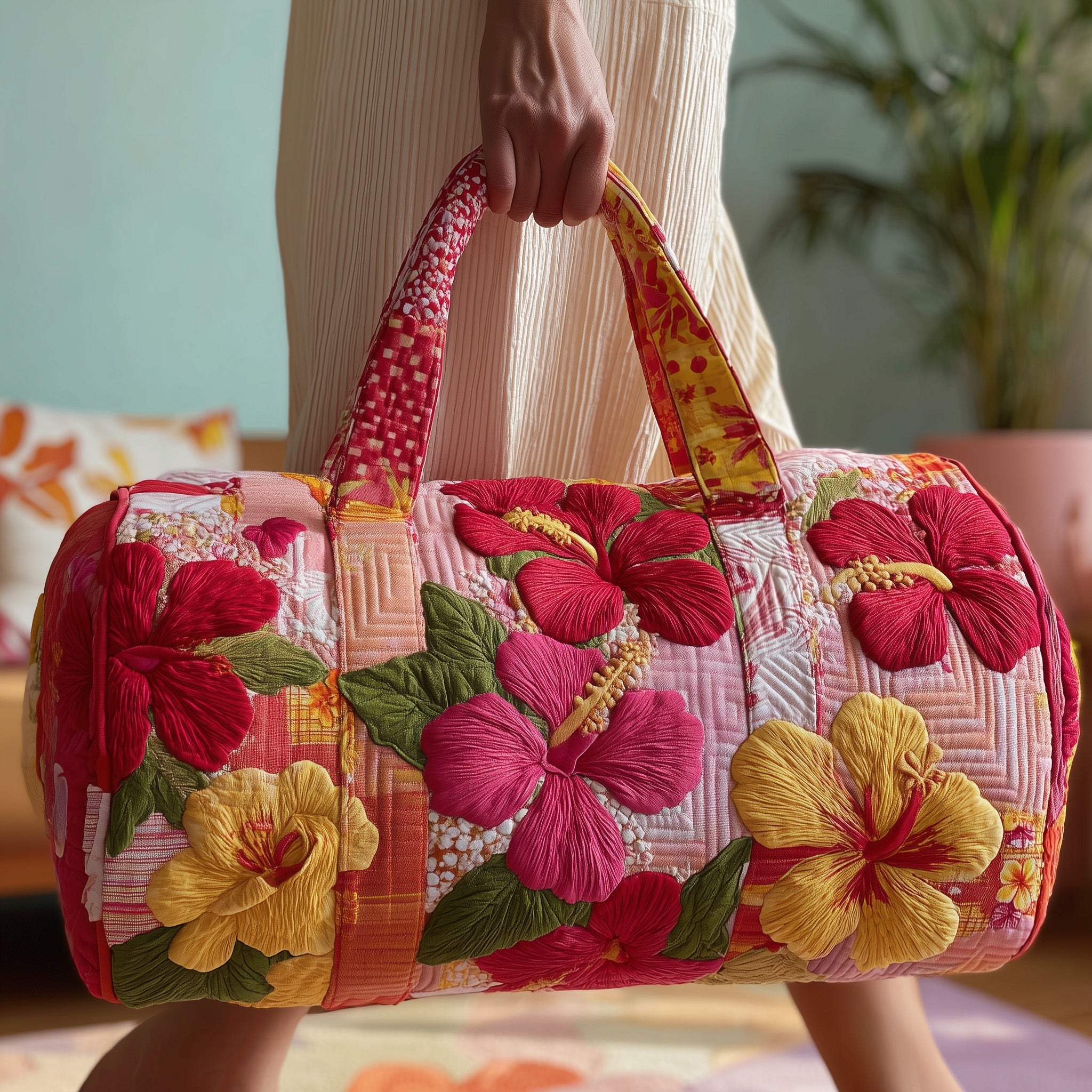 Summertime Hibiscus Quilted Duffle Bag Womens Large Travel Duffel Bag Mother's Day Gifts For Mom