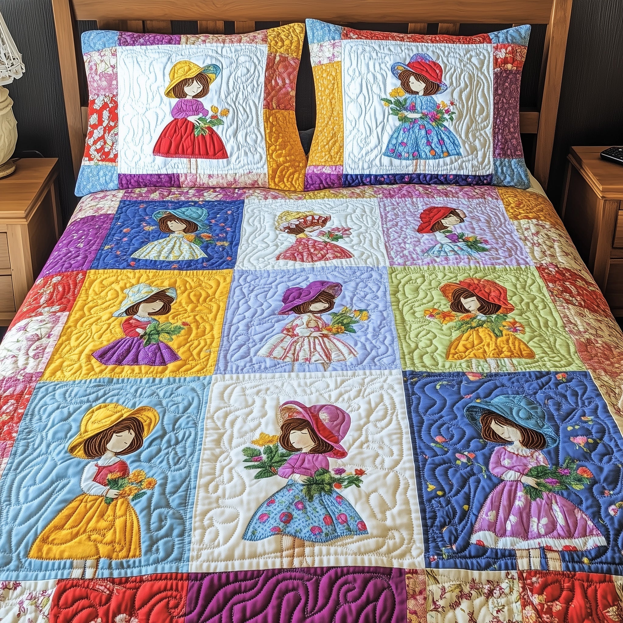 Sunbonnet Sue Patchwork Quilted Bedding Set Best Fitted Sheets Present For Mom