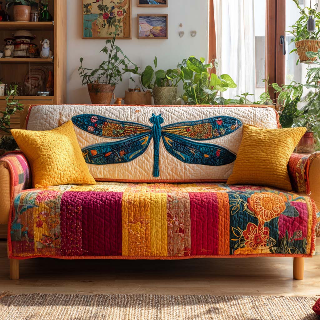 Sunburst Harmony Dragonfly Quilted Sofa Cover Large Couch Cover Unique Dragonfly Gifts