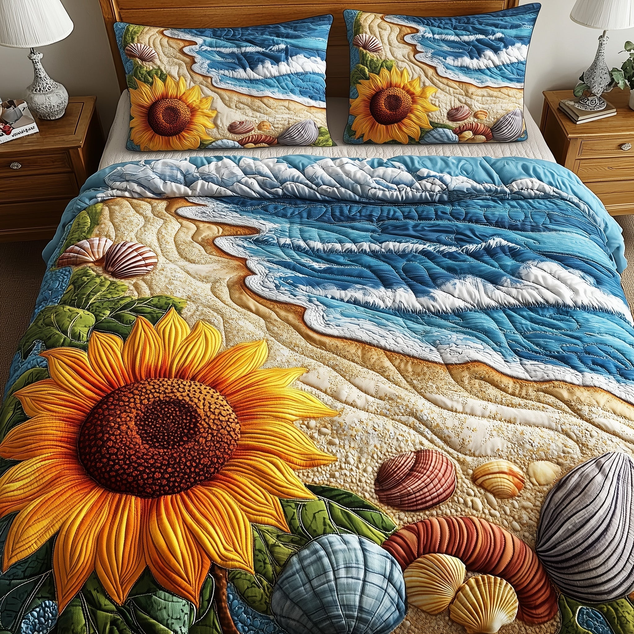 Sunflower Beach Quilted Bedding Set Bed Room Decoration Unique Beach Gifts