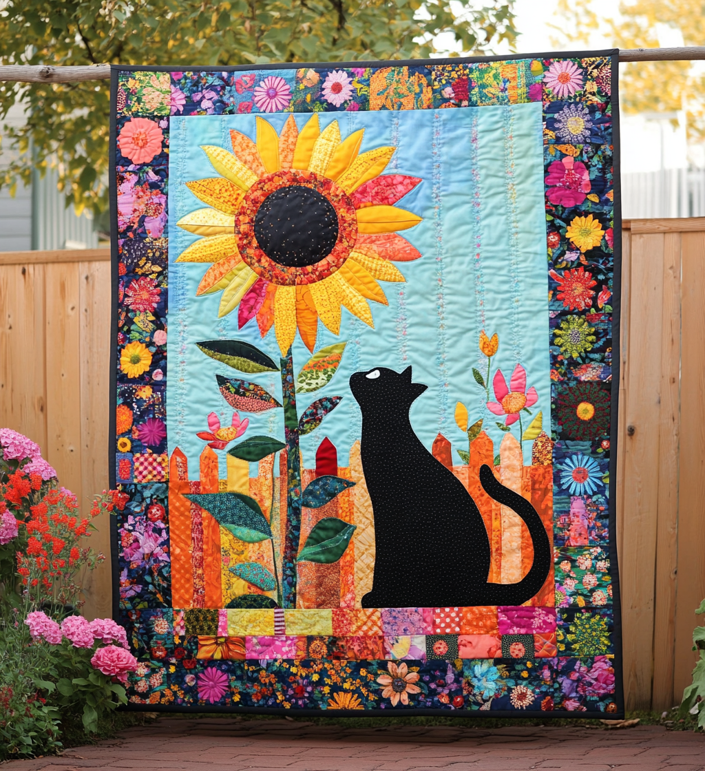 Sunflower Cat Quilted Blanket Unique Bed Sheet Set Cool Gifts Cat Lovers