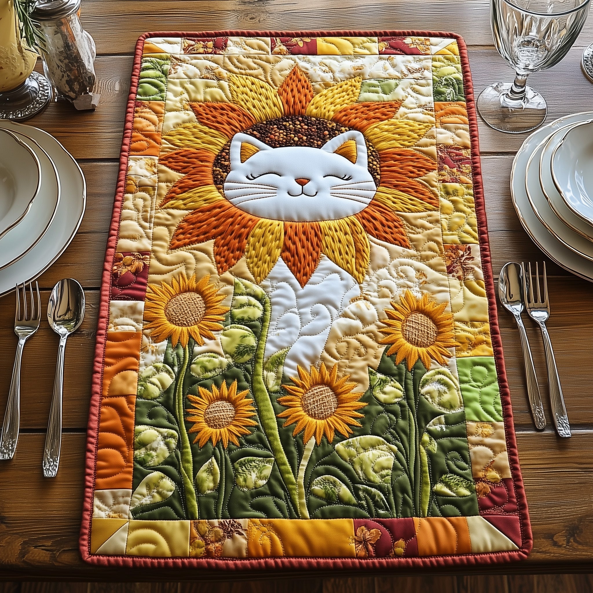 Sunflower Cat Quilted Table Runner Unique Table Runner Cool Gifts Cat Lovers