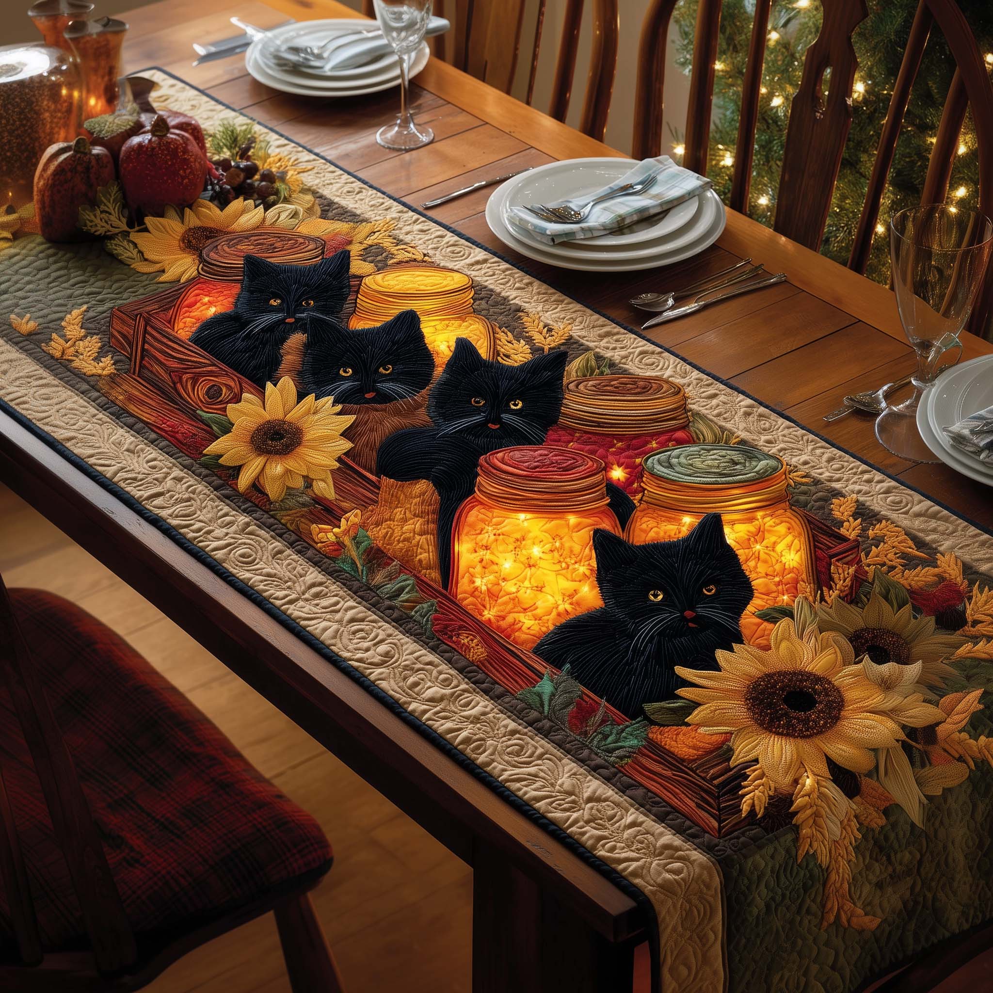 Sunflower Cats Quilted Table Runner Christmas Holiday Table Runners Gifts For A Cat Lover
