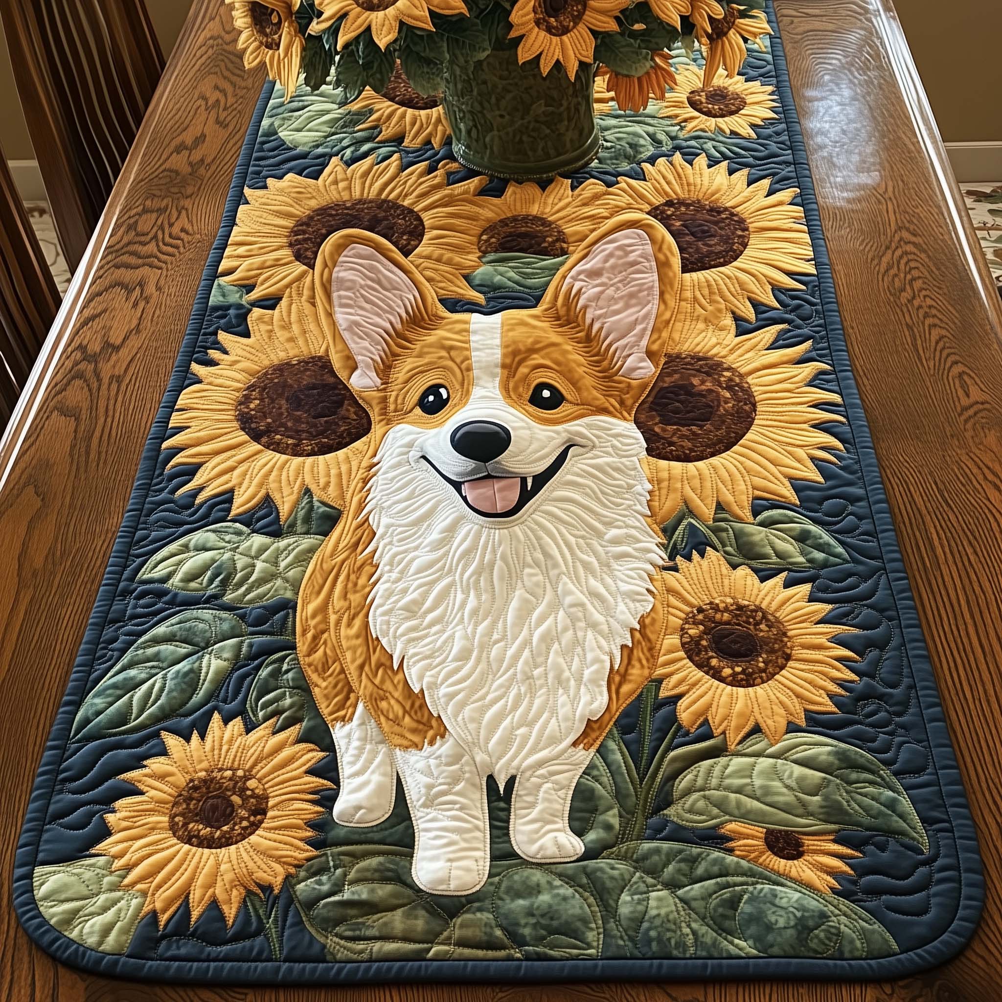 Sunflower Corgi Quilted Table Runner Farmhouse Style Table Runners Corgi Themed Gifts