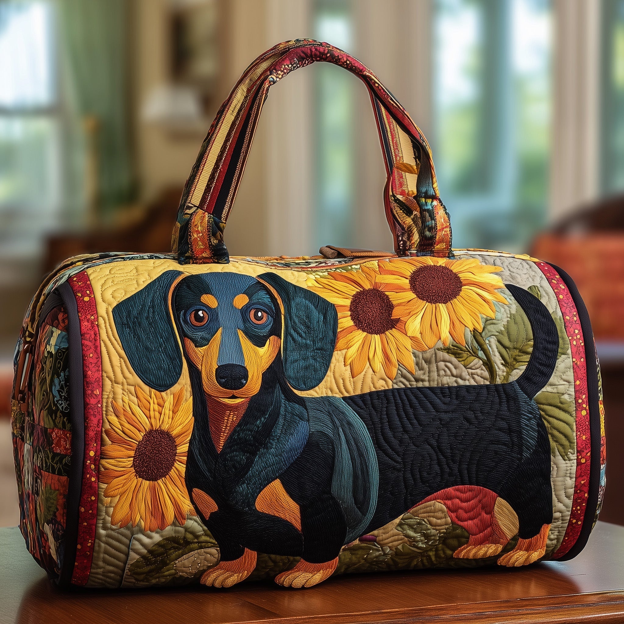 Sunflower Dachshund Quilted Duffle Bag Cool Duffle Bags For Women Dachshund Related Gifts